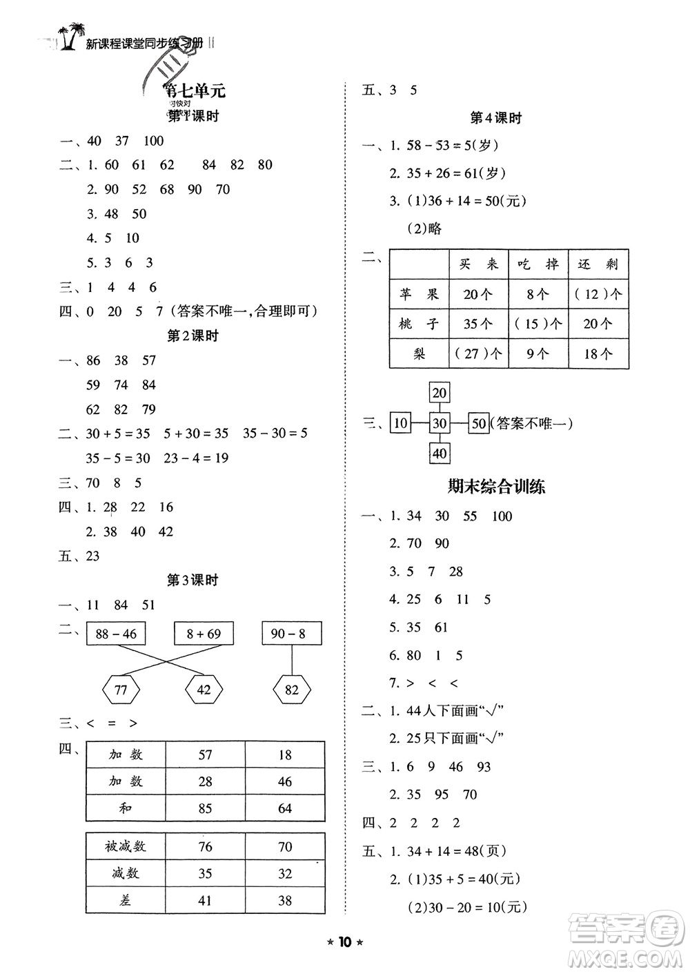 海南出版社2024年春新課程課堂同步練習(xí)冊一年級數(shù)學(xué)下冊蘇教版參考答案