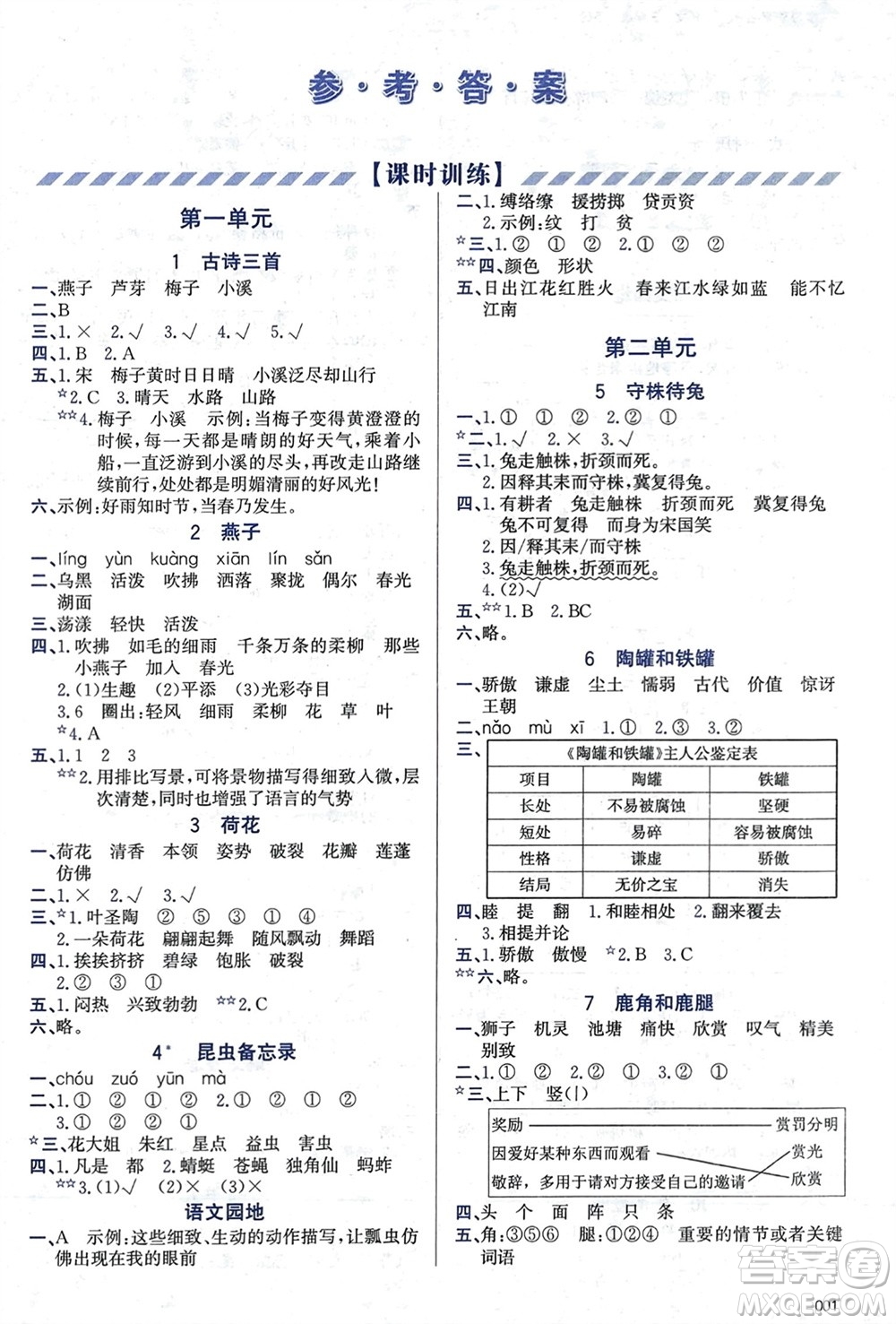 天津教育出版社2024年春學(xué)習(xí)質(zhì)量監(jiān)測三年級語文下冊人教版參考答案