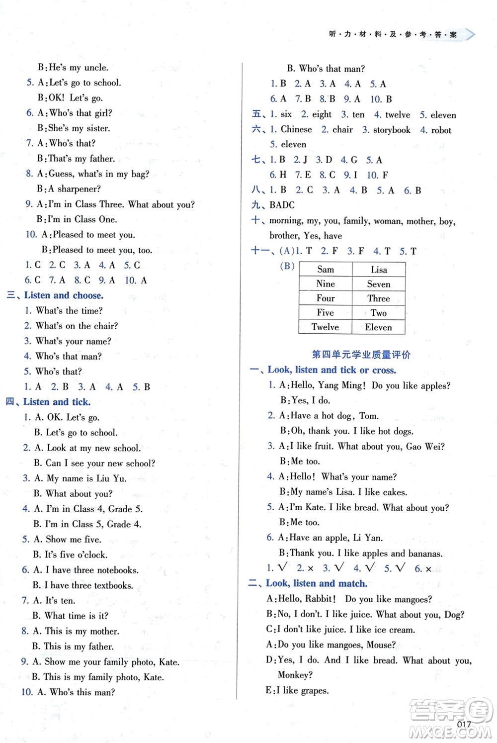 天津教育出版社2024年春學(xué)習(xí)質(zhì)量監(jiān)測(cè)三年級(jí)英語下冊(cè)人教版參考答案