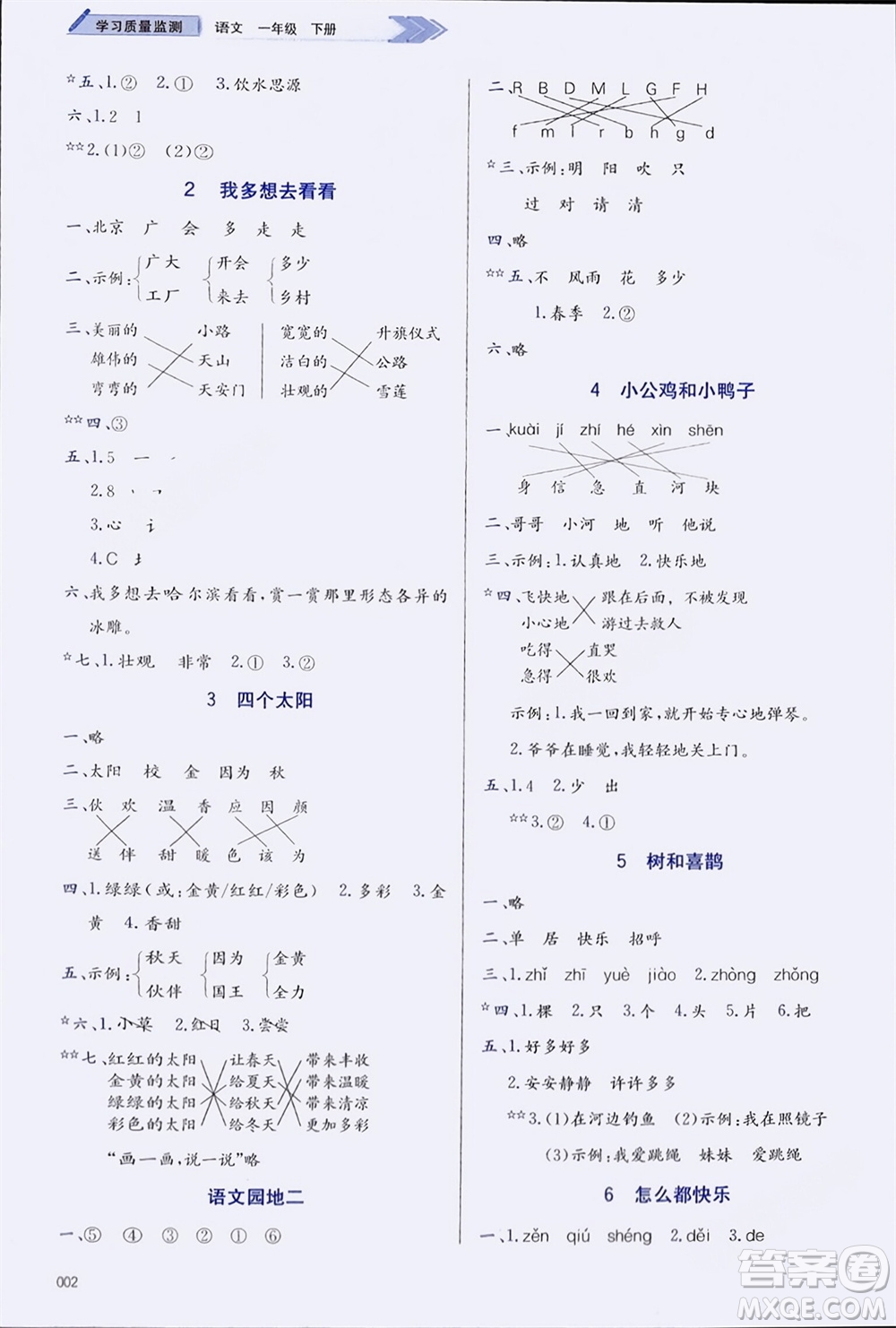 天津教育出版社2024年春學(xué)習(xí)質(zhì)量監(jiān)測(cè)一年級(jí)語文下冊(cè)人教版參考答案