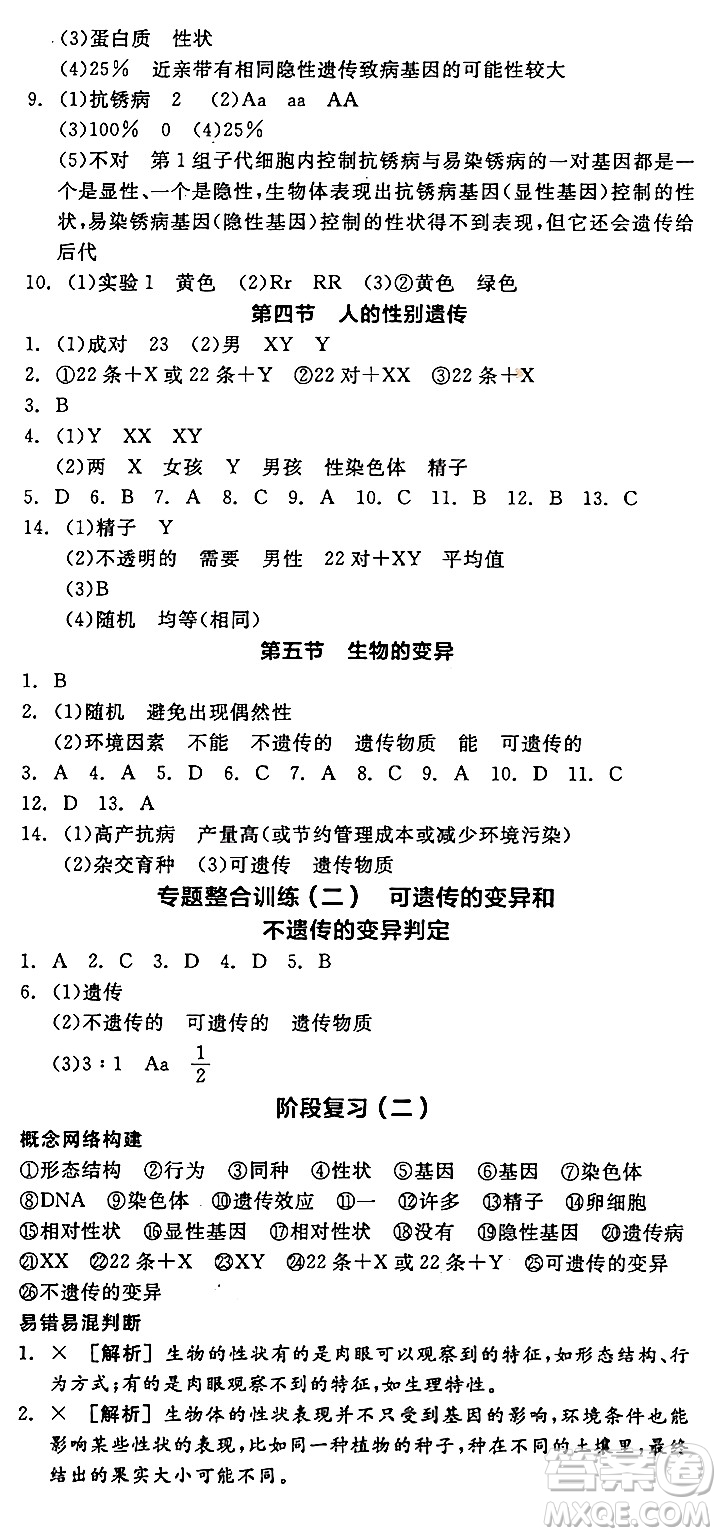 陽光出版社2024年春全品作業(yè)本八年級生物下冊人教版答案