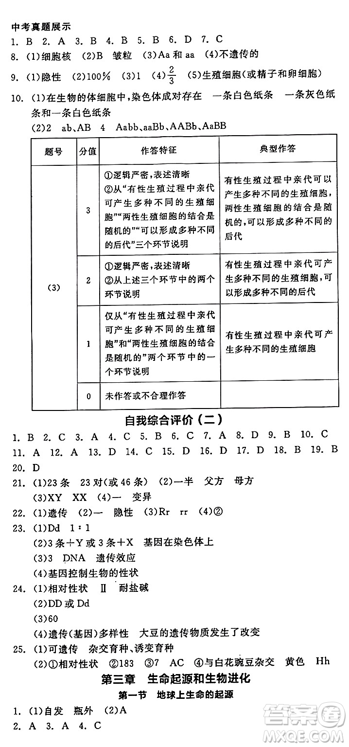 陽光出版社2024年春全品作業(yè)本八年級生物下冊人教版答案