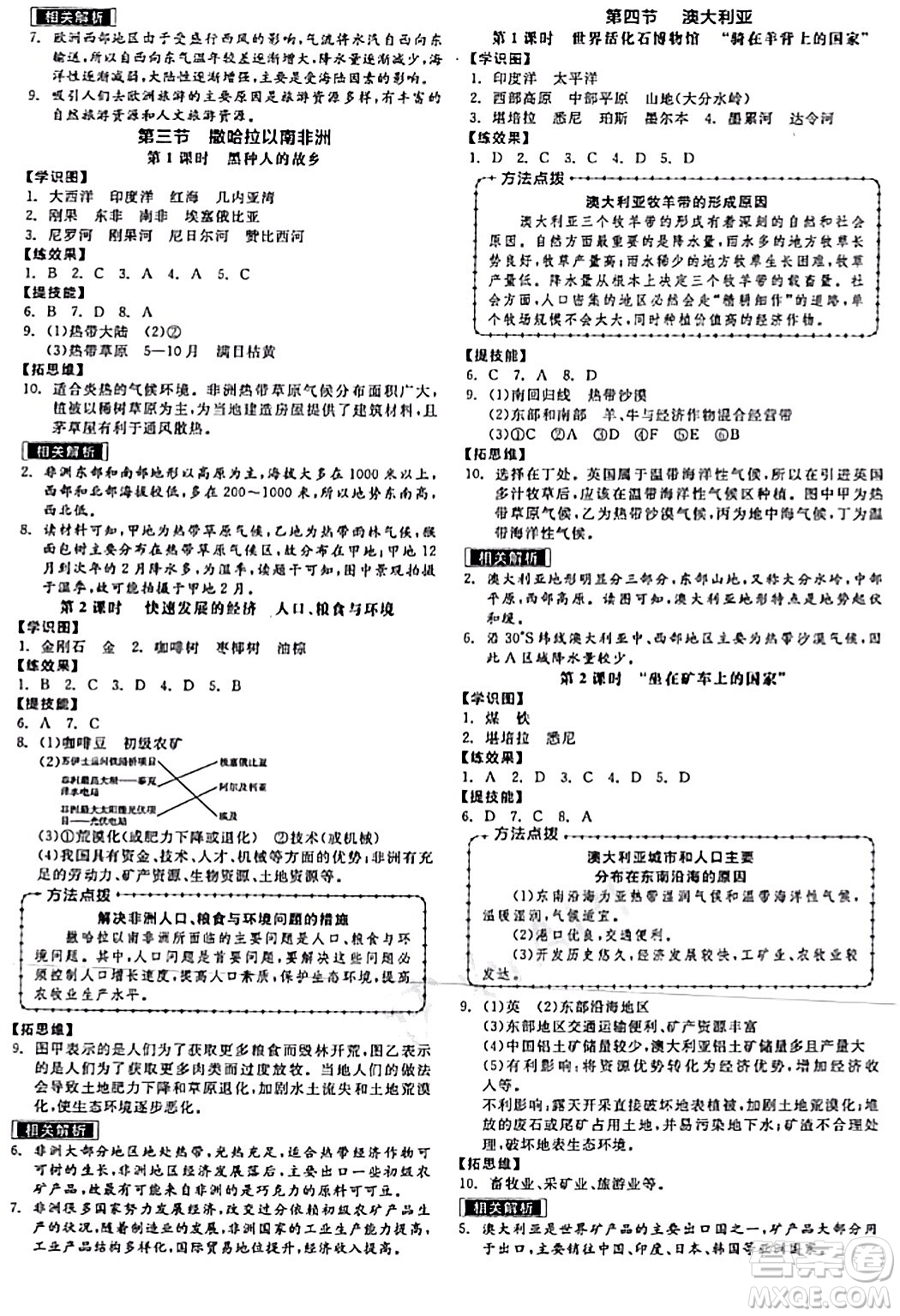 陽光出版社2024年春全品作業(yè)本七年級地理下冊人教版答案