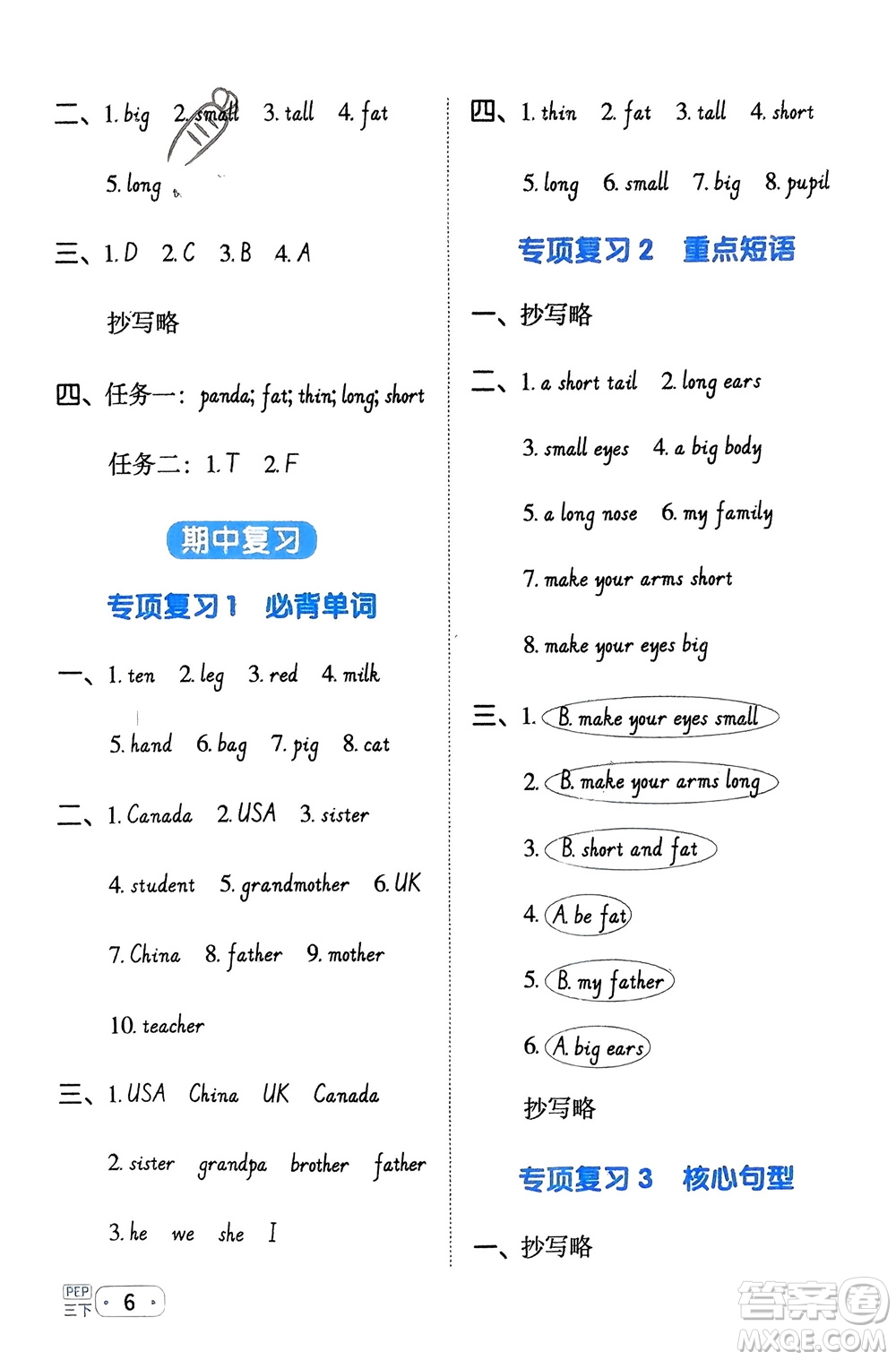 江西教育出版社2024年春陽光同學(xué)默寫小達(dá)人三年級(jí)英語下冊(cè)人教版參考答案