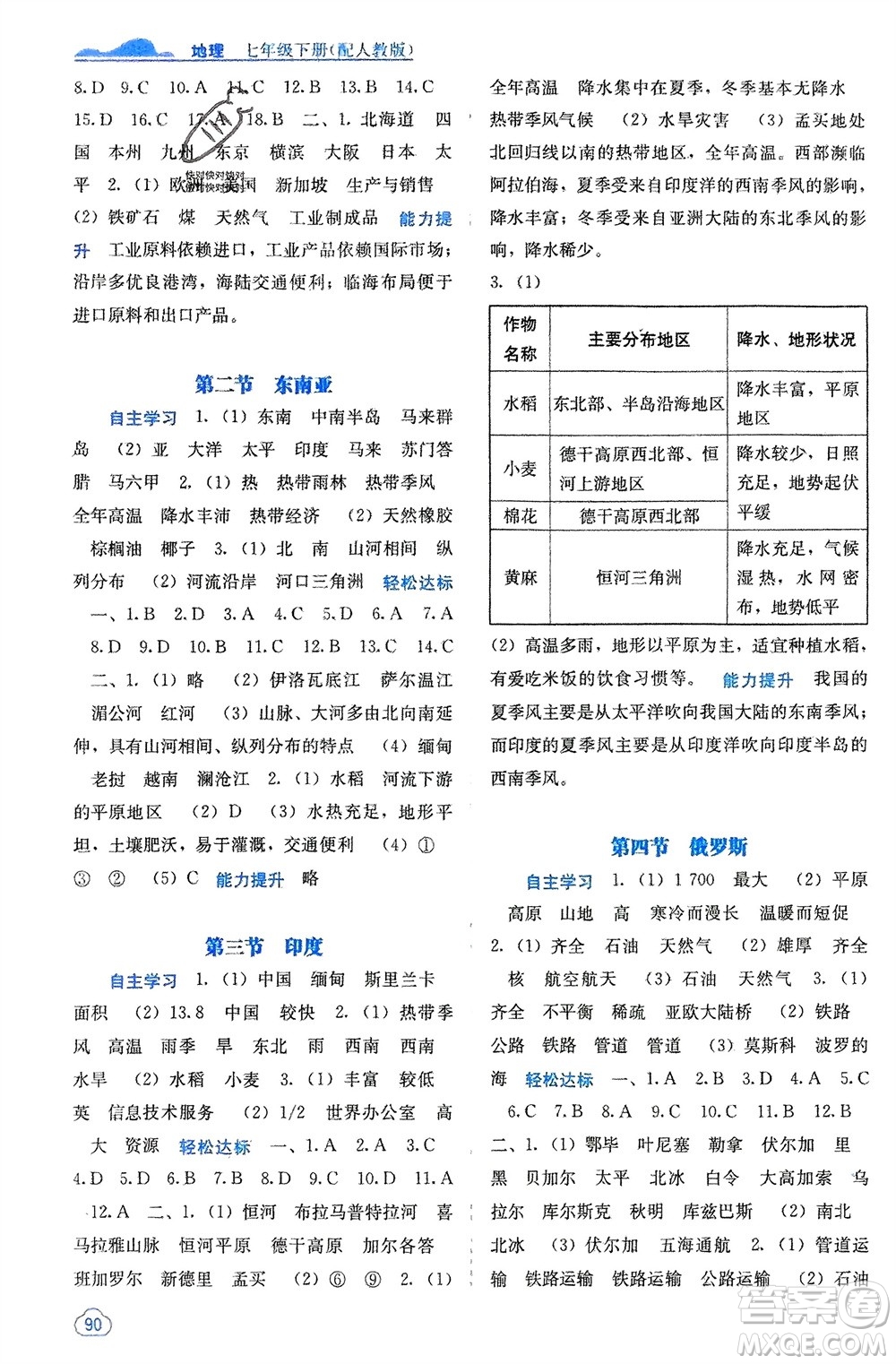 廣西教育出版社2024年春自主學習能力測評七年級地理下冊人教版參考答案