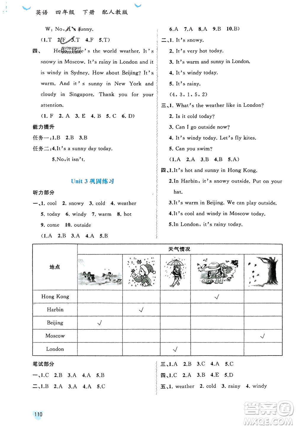 廣西師范大學(xué)出版社2024年春新課程學(xué)習(xí)與測評同步學(xué)習(xí)四年級英語下冊人教版參考答案