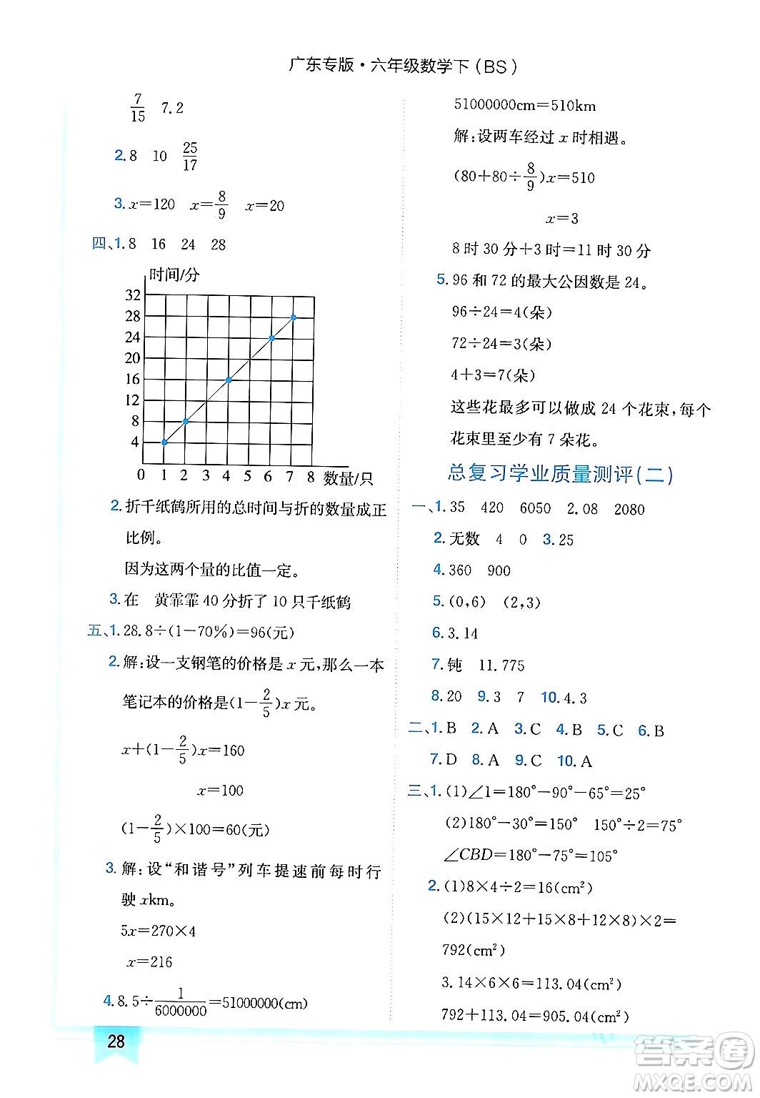 龍門書局2024年春黃岡小狀元作業(yè)本六年級(jí)數(shù)學(xué)下冊(cè)北師大版廣東專版答案