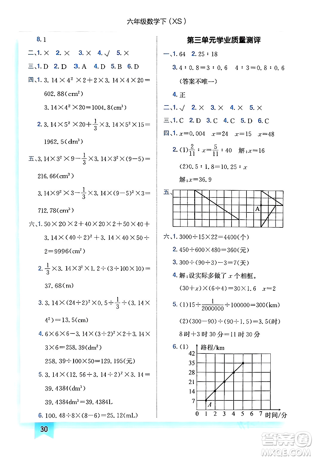 龍門書局2024年春黃岡小狀元作業(yè)本六年級(jí)數(shù)學(xué)下冊(cè)西師版答案