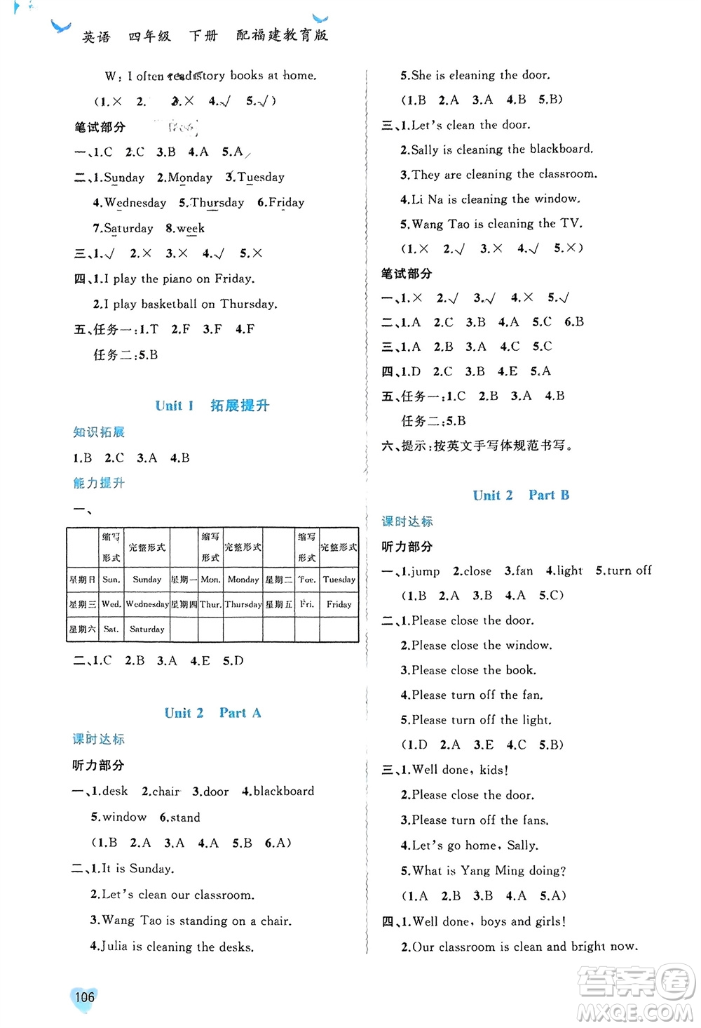 廣西師范大學(xué)出版社2024年春新課程學(xué)習(xí)與測評同步學(xué)習(xí)四年級英語下冊閩教版參考答案