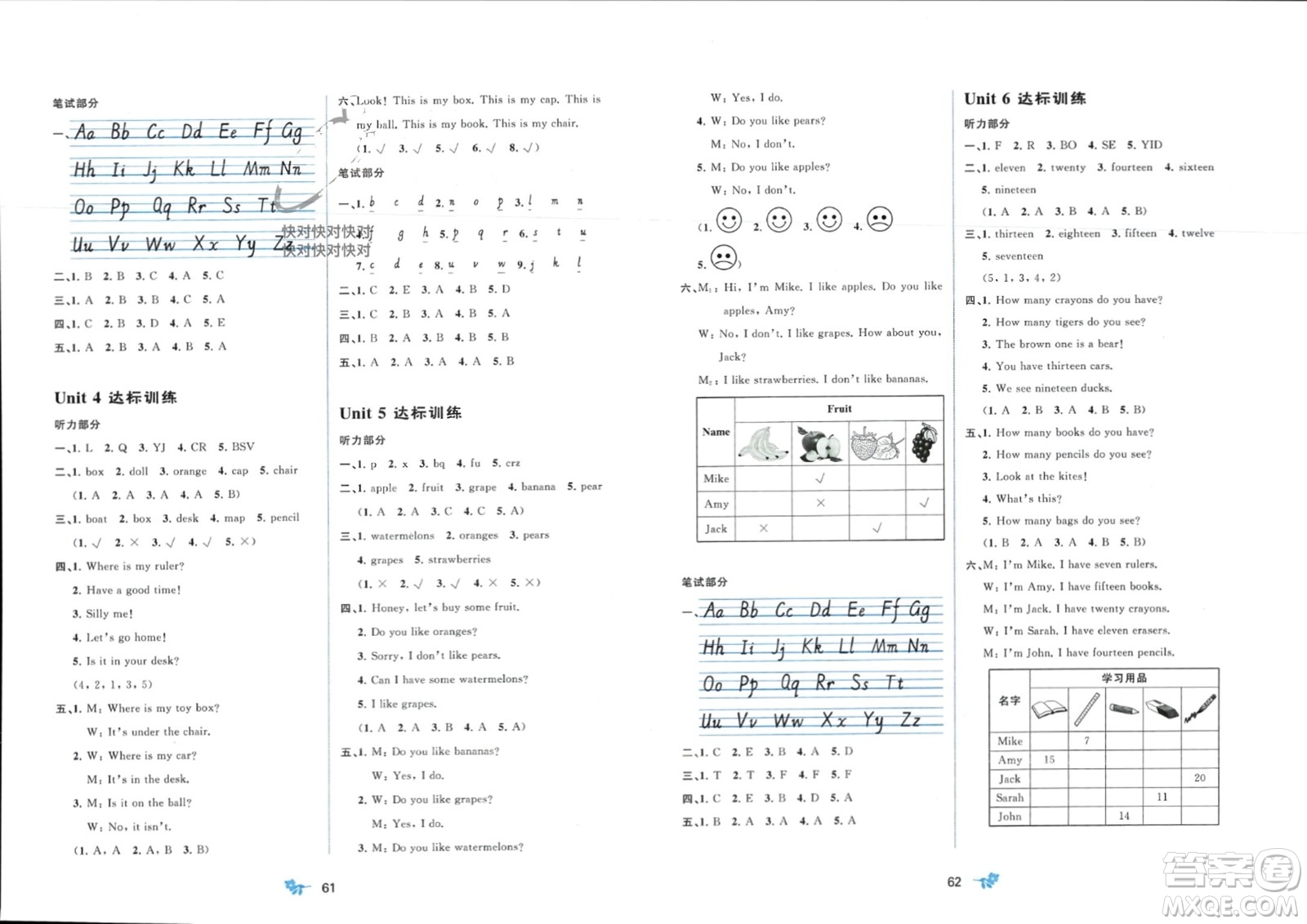 廣西師范大學(xué)出版社2024年春新課程學(xué)習(xí)與測(cè)評(píng)單元雙測(cè)三年級(jí)英語(yǔ)下冊(cè)A版人教版參考答案