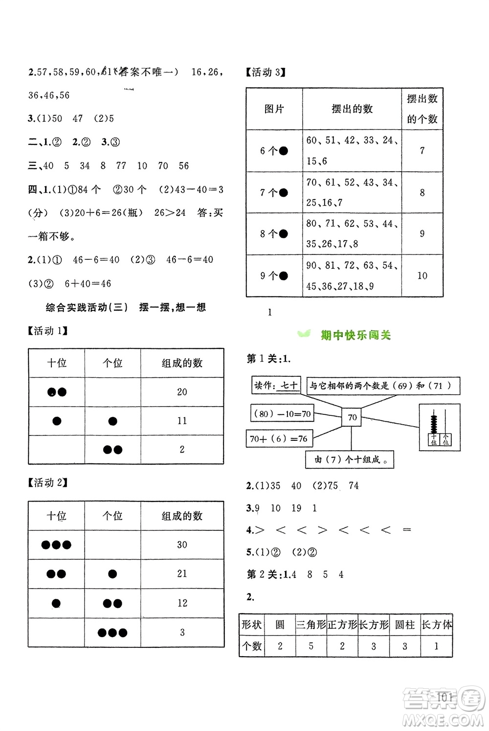 廣西師范大學(xué)出版社2024年春新課程學(xué)習(xí)與測評同步學(xué)習(xí)一年級數(shù)學(xué)下冊人教版參考答案