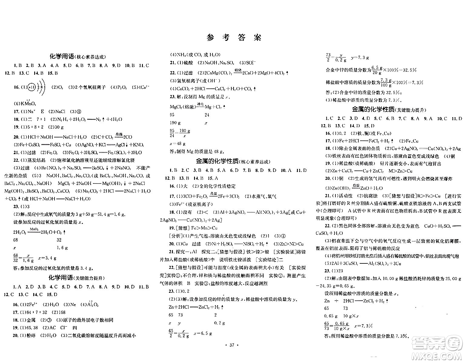 湖南教育出版社2024年春學(xué)科素養(yǎng)與能力提升九年級(jí)化學(xué)下冊(cè)人教版答案