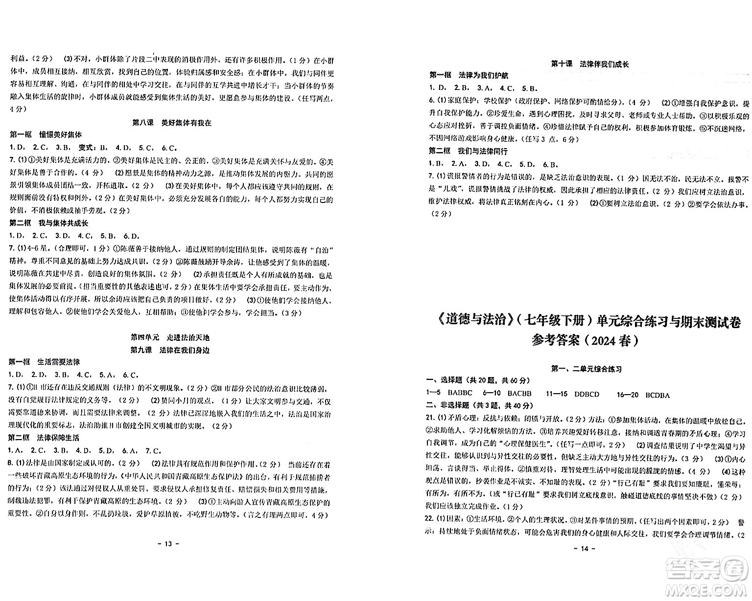 南方出版社2024年春練習(xí)精編七年級(jí)道德與法治下冊(cè)通用版答案