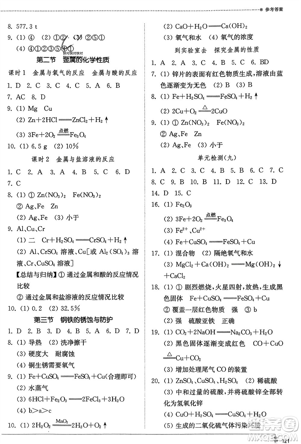 山東教育出版社2024年春初中同步練習(xí)冊九年級化學(xué)下冊魯教版參考答案