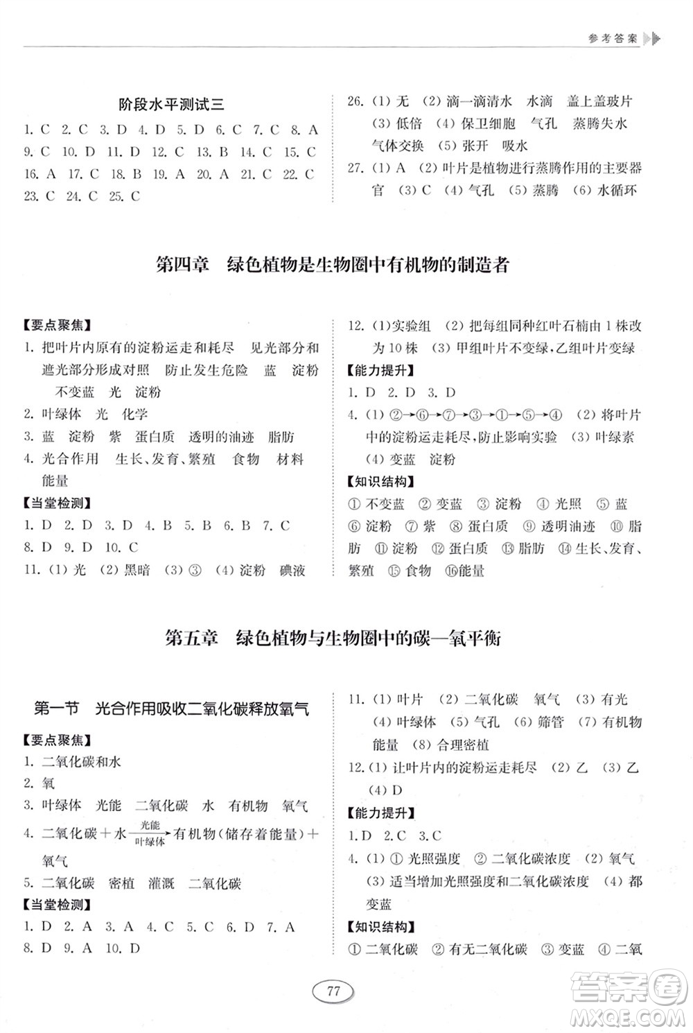 山東科學技術(shù)出版社2024年春初中同步練習冊六年級生物下冊五四制魯科版參考答案