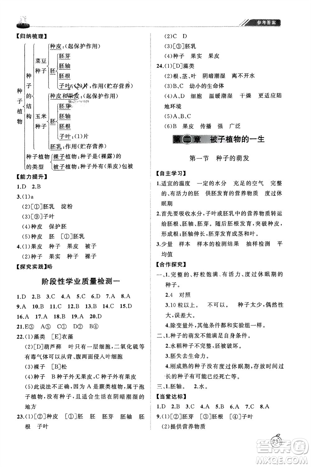 山東友誼出版社2024年春初中同步練習冊六年級生物下冊五四制魯科版參考答案