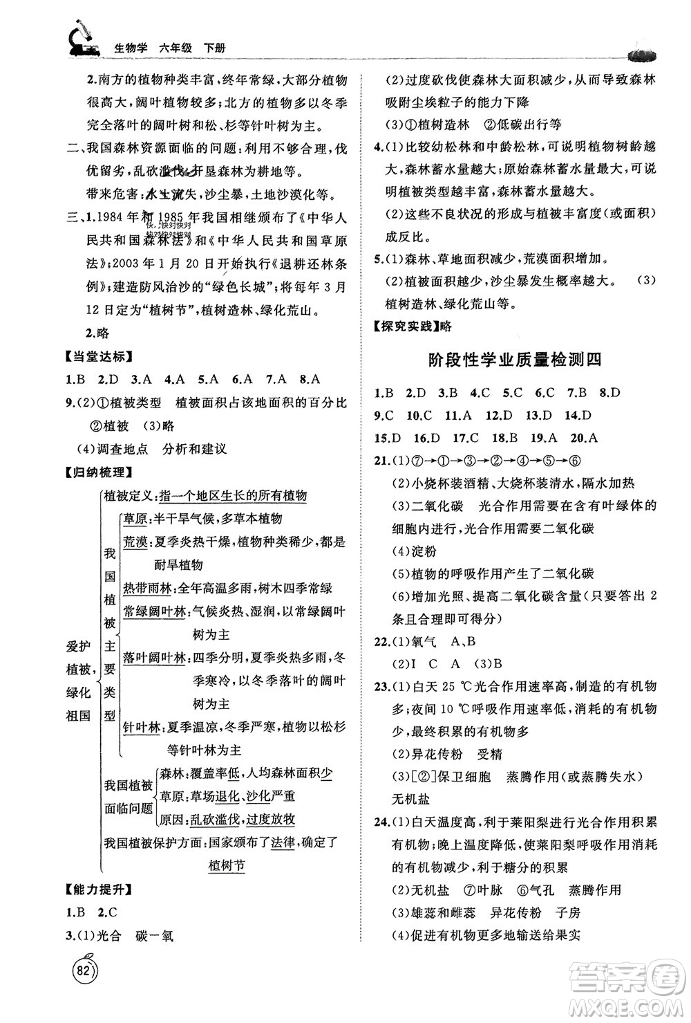 山東友誼出版社2024年春初中同步練習冊六年級生物下冊五四制魯科版參考答案