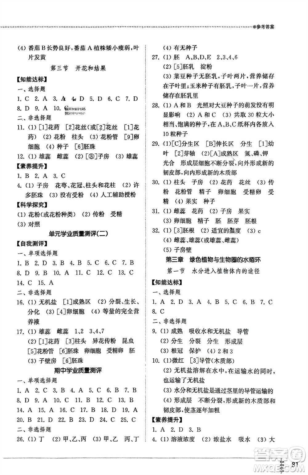 山東教育出版社2024年春初中同步練習(xí)冊六年級生物下冊五四制魯科版參考答案