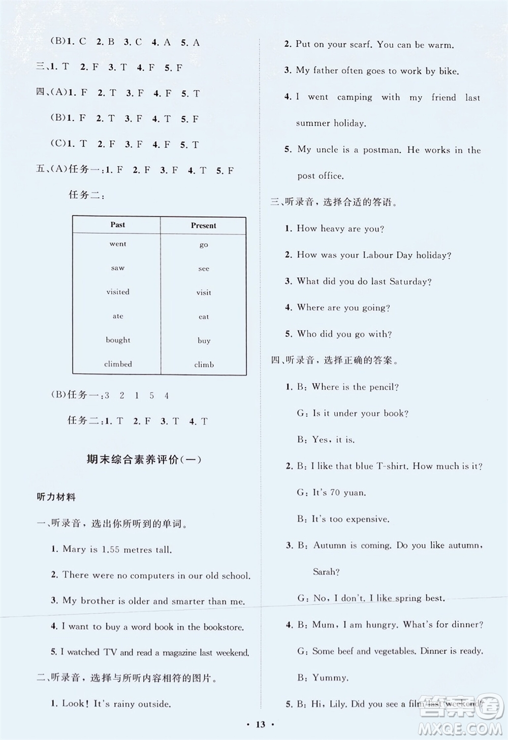 山東教育出版社2024年春小學(xué)同步練習(xí)冊(cè)分層指導(dǎo)六年級(jí)英語下冊(cè)人教版參考答案