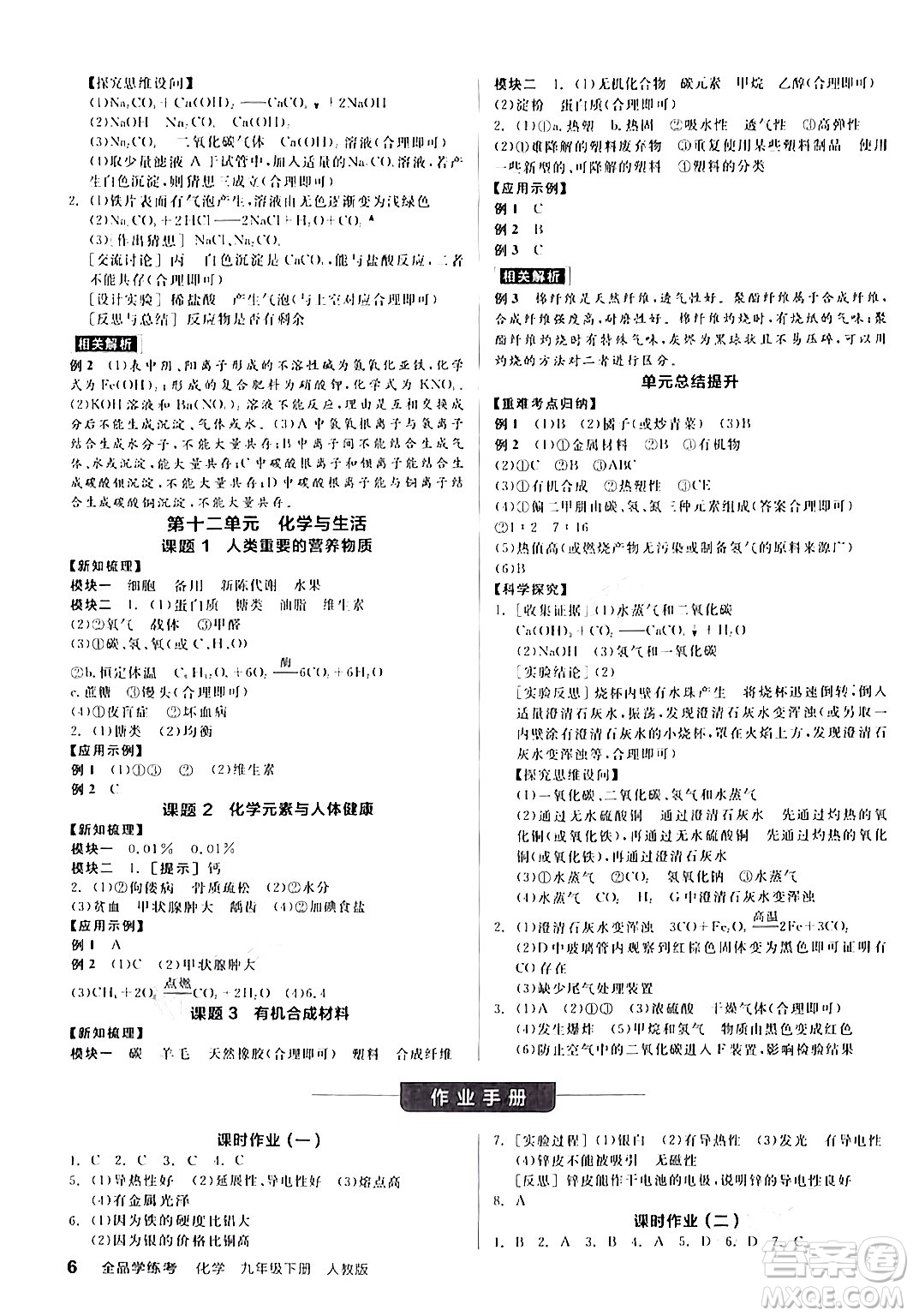 陽光出版社2024年春全品學(xué)練考九年級化學(xué)下冊人教版答案