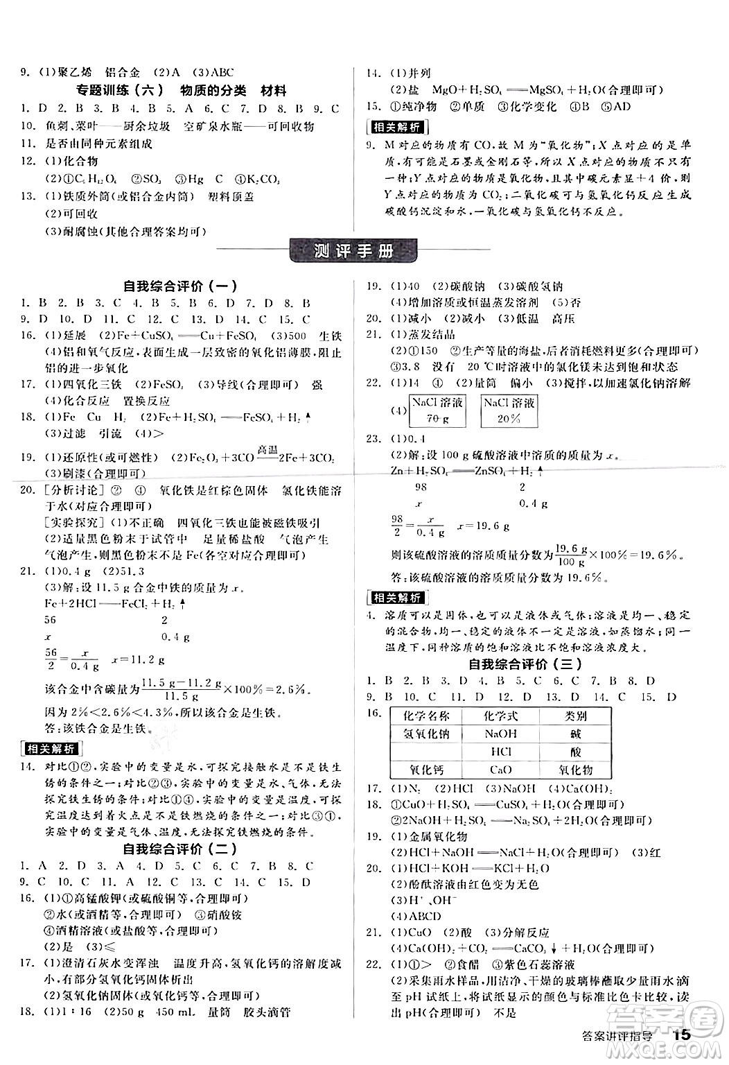 陽光出版社2024年春全品學(xué)練考九年級化學(xué)下冊人教版答案