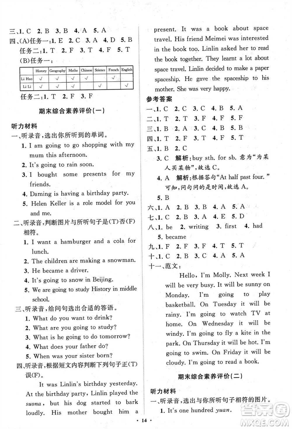 山東教育出版社2024年春小學同步練習冊分層指導六年級英語下冊外研版參考答案