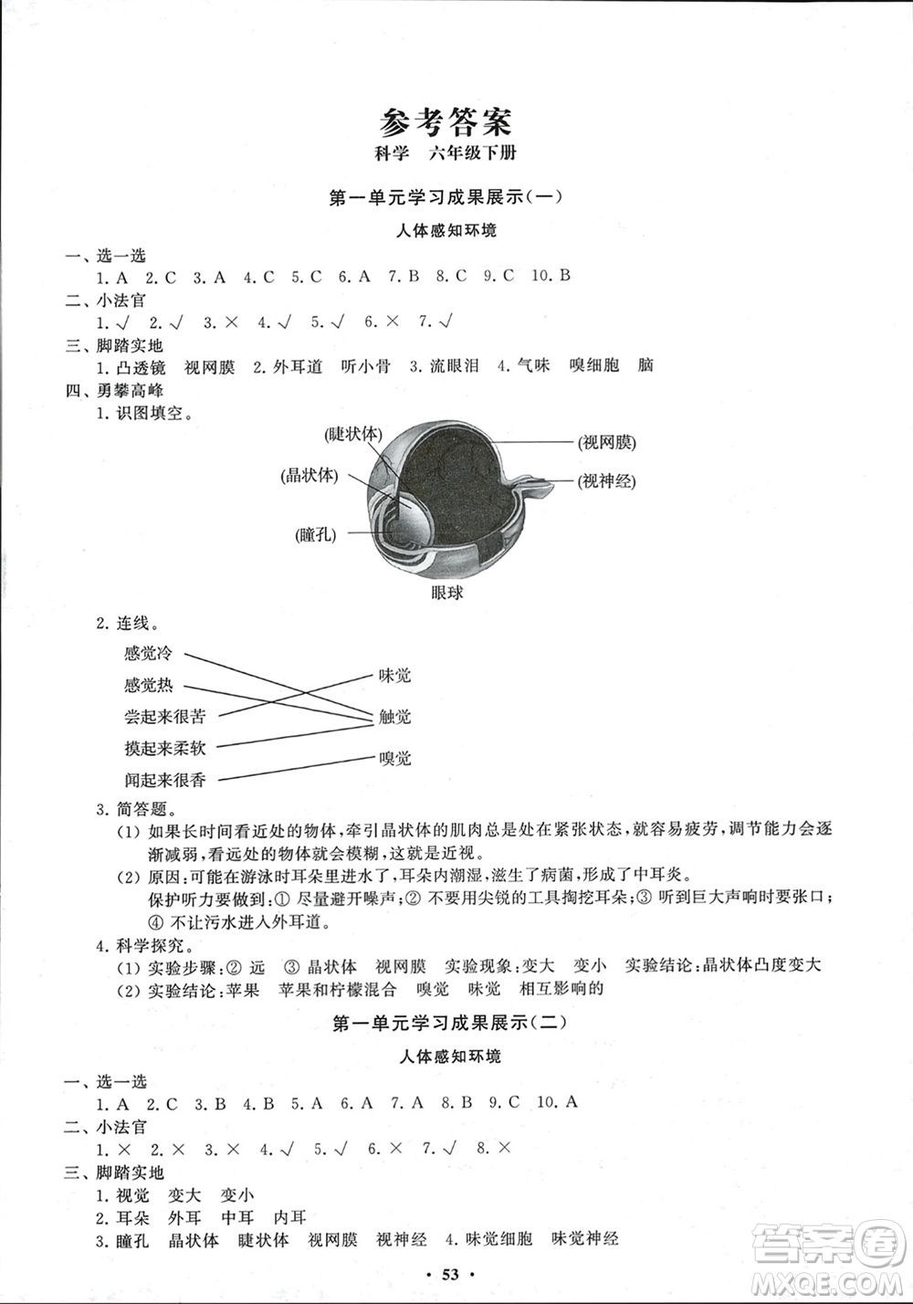 山東教育出版社2024年春小學(xué)同步練習(xí)冊分層指導(dǎo)六年級科學(xué)下冊通用版參考答案