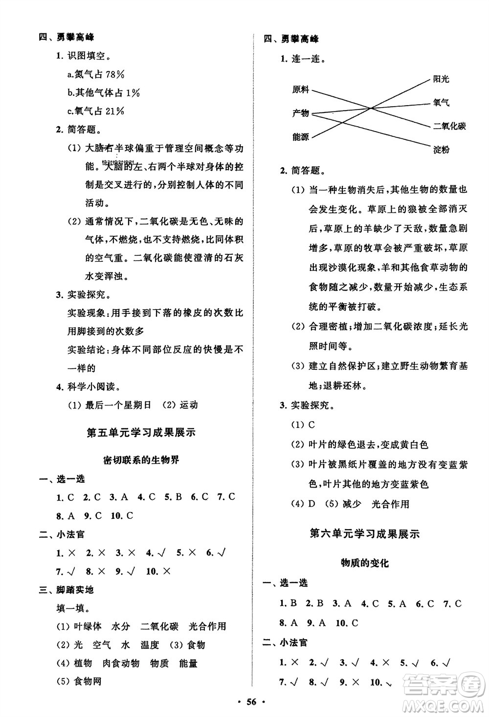 山東教育出版社2024年春小學同步練習冊分層指導五年級科學下冊通用版參考答案