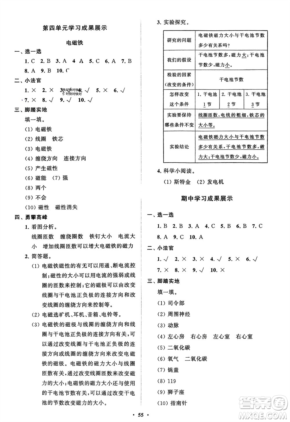 山東教育出版社2024年春小學同步練習冊分層指導五年級科學下冊通用版參考答案