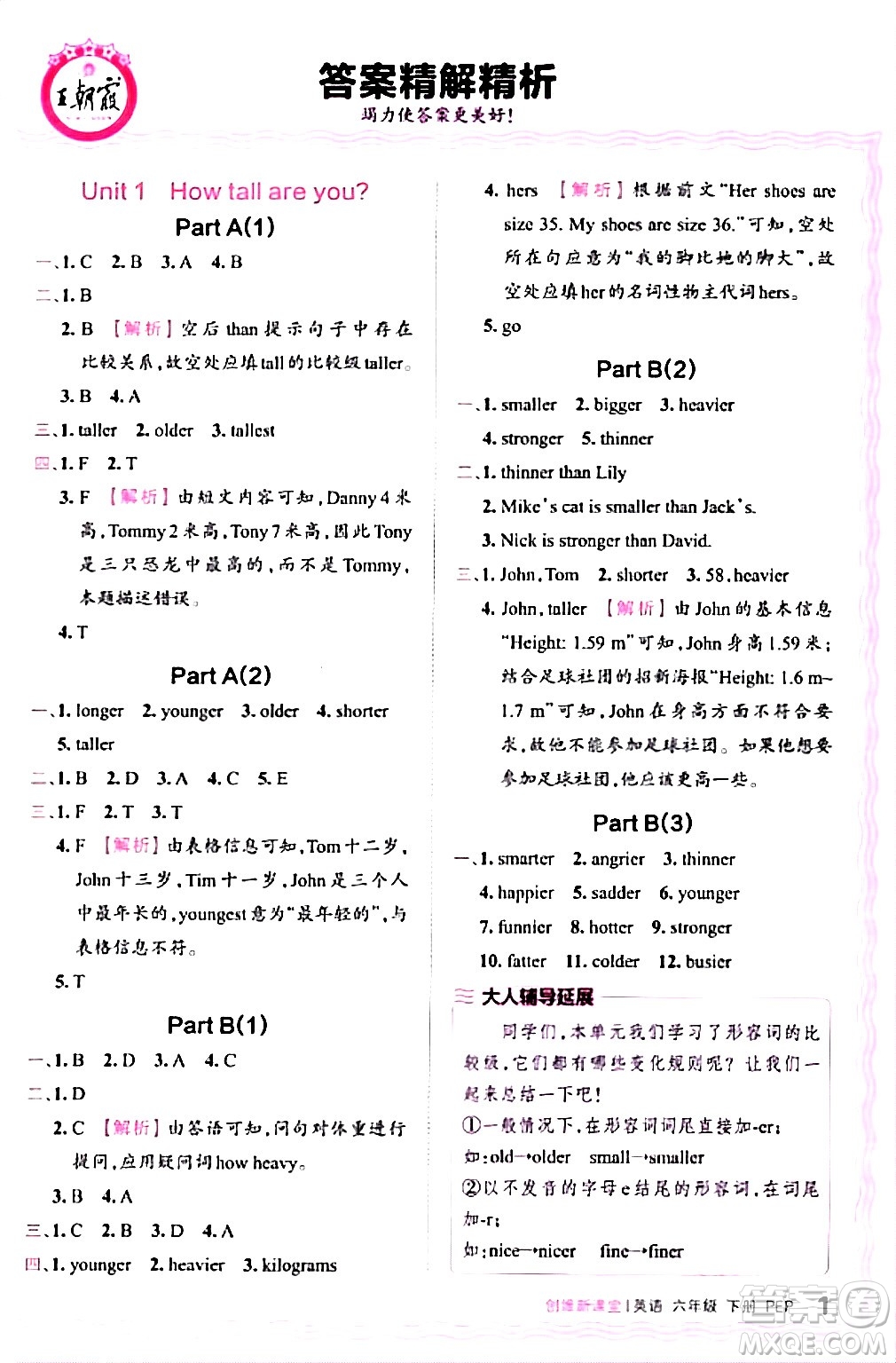 江西人民出版社2024年春王朝霞創(chuàng)維新課堂六年級英語下冊人教PEP版答案