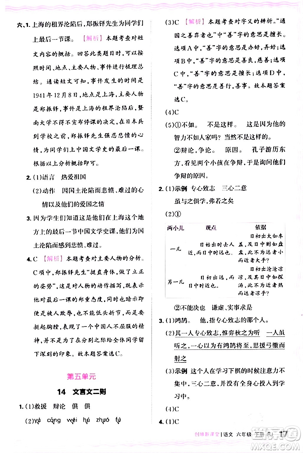 江西人民出版社2024年春王朝霞創(chuàng)維新課堂六年級(jí)語(yǔ)文下冊(cè)人教版答案