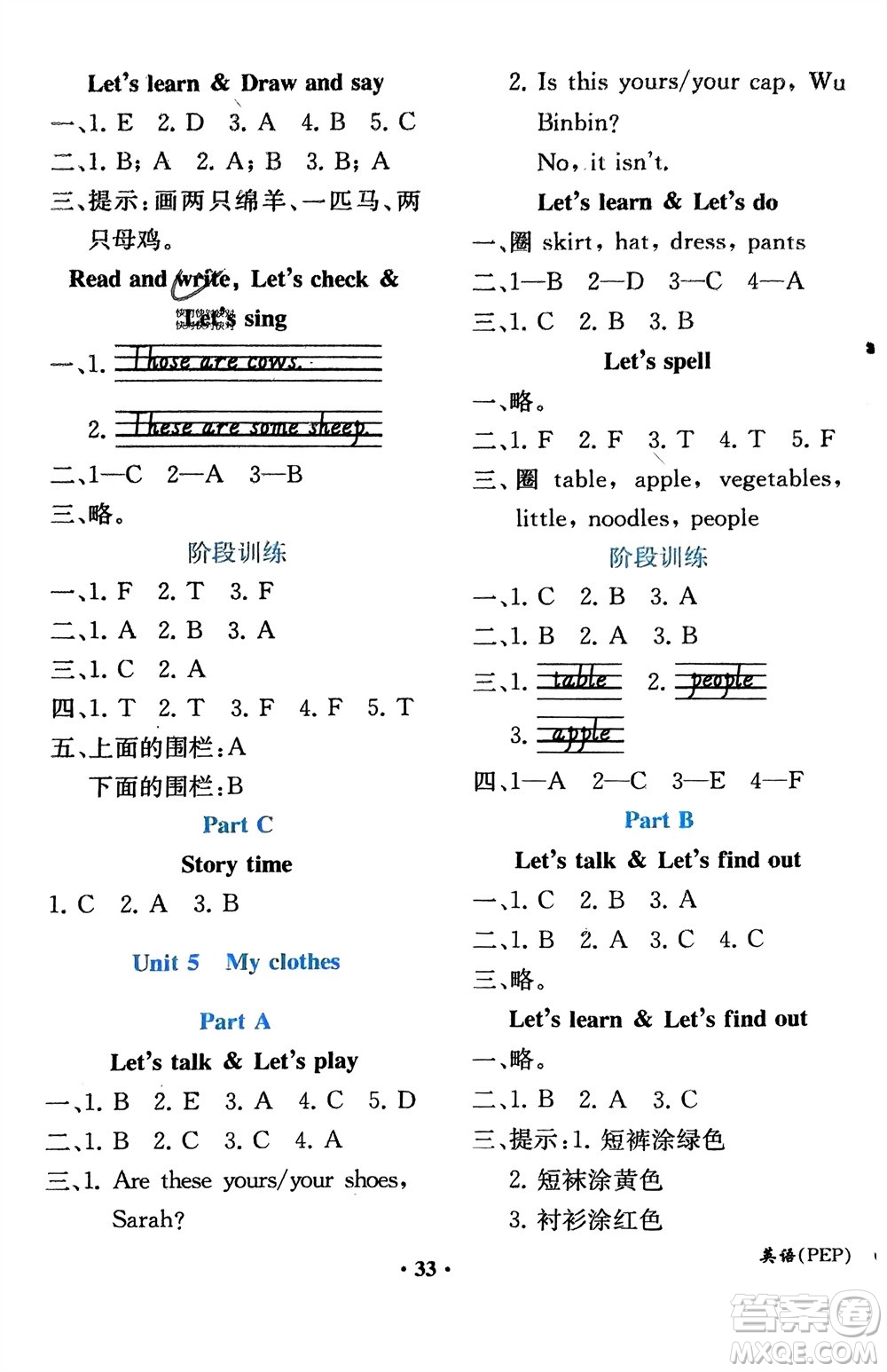 人民教育出版社2024年春同步解析與測(cè)評(píng)課堂鞏固練習(xí)四年級(jí)英語(yǔ)下冊(cè)人教版重慶專(zhuān)版參考答案