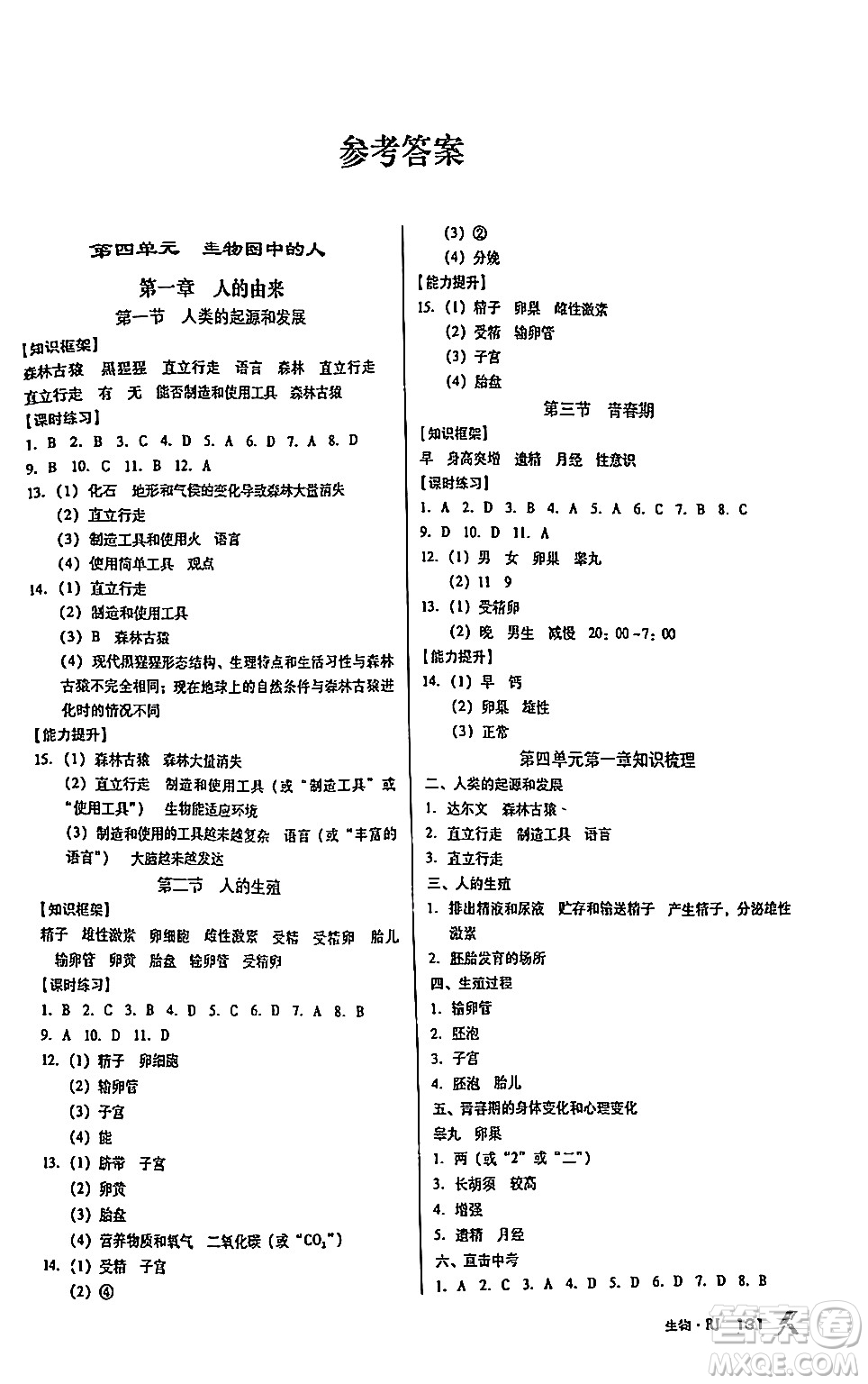 廣東經(jīng)濟(jì)出版社2024年春全優(yōu)點(diǎn)練課計(jì)劃七年級生物下冊人教版答案