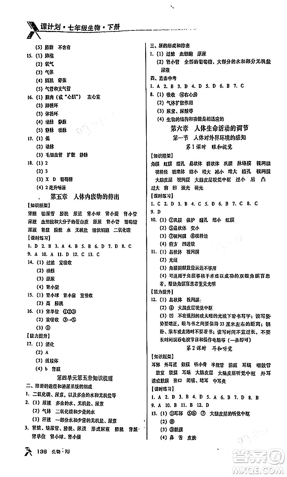 廣東經(jīng)濟(jì)出版社2024年春全優(yōu)點(diǎn)練課計(jì)劃七年級生物下冊人教版答案