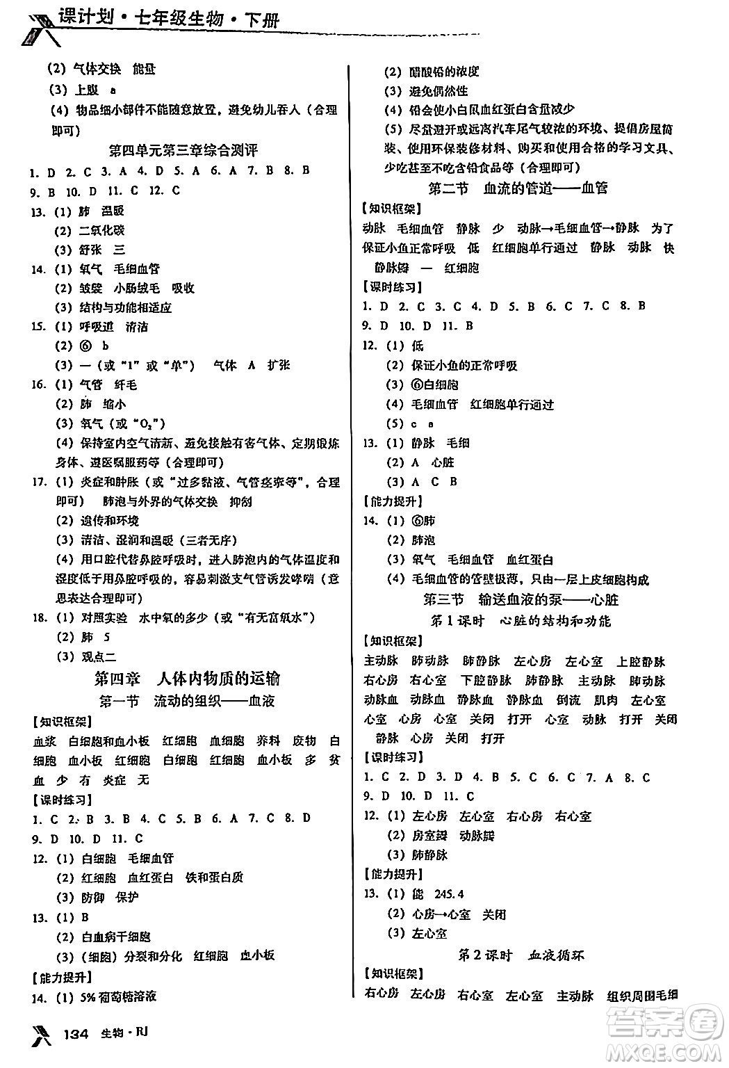 廣東經(jīng)濟(jì)出版社2024年春全優(yōu)點(diǎn)練課計(jì)劃七年級生物下冊人教版答案