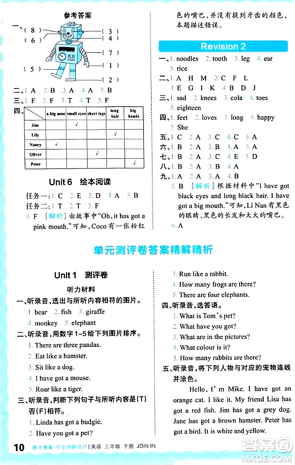 江西人民出版社2024年春王朝霞德才兼?zhèn)渥鳂I(yè)創(chuàng)新設(shè)計(jì)三年級英語下冊劍橋版答案