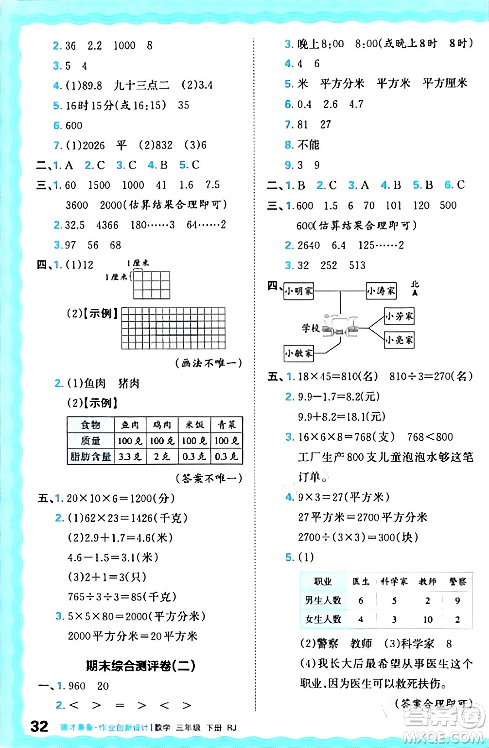 江西人民出版社2024年春王朝霞德才兼?zhèn)渥鳂I(yè)創(chuàng)新設(shè)計(jì)三年級(jí)數(shù)學(xué)下冊(cè)人教版答案