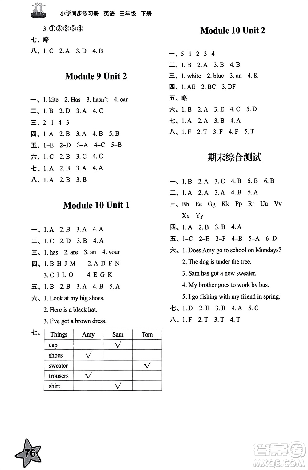 山東友誼出版社2024年春小學(xué)同步練習(xí)冊三年級英語下冊外研版參考答案