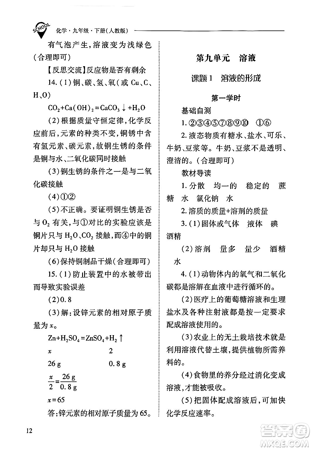 山西教育出版社2024年春新課程問題解決導學方案九年級化學下冊人教版答案