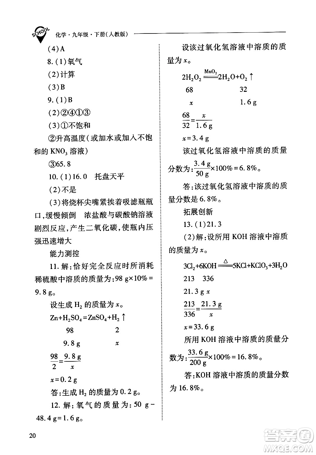 山西教育出版社2024年春新課程問題解決導學方案九年級化學下冊人教版答案