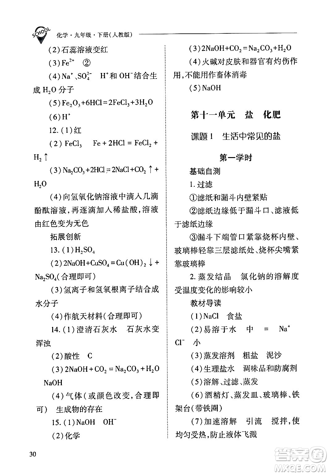 山西教育出版社2024年春新課程問題解決導學方案九年級化學下冊人教版答案