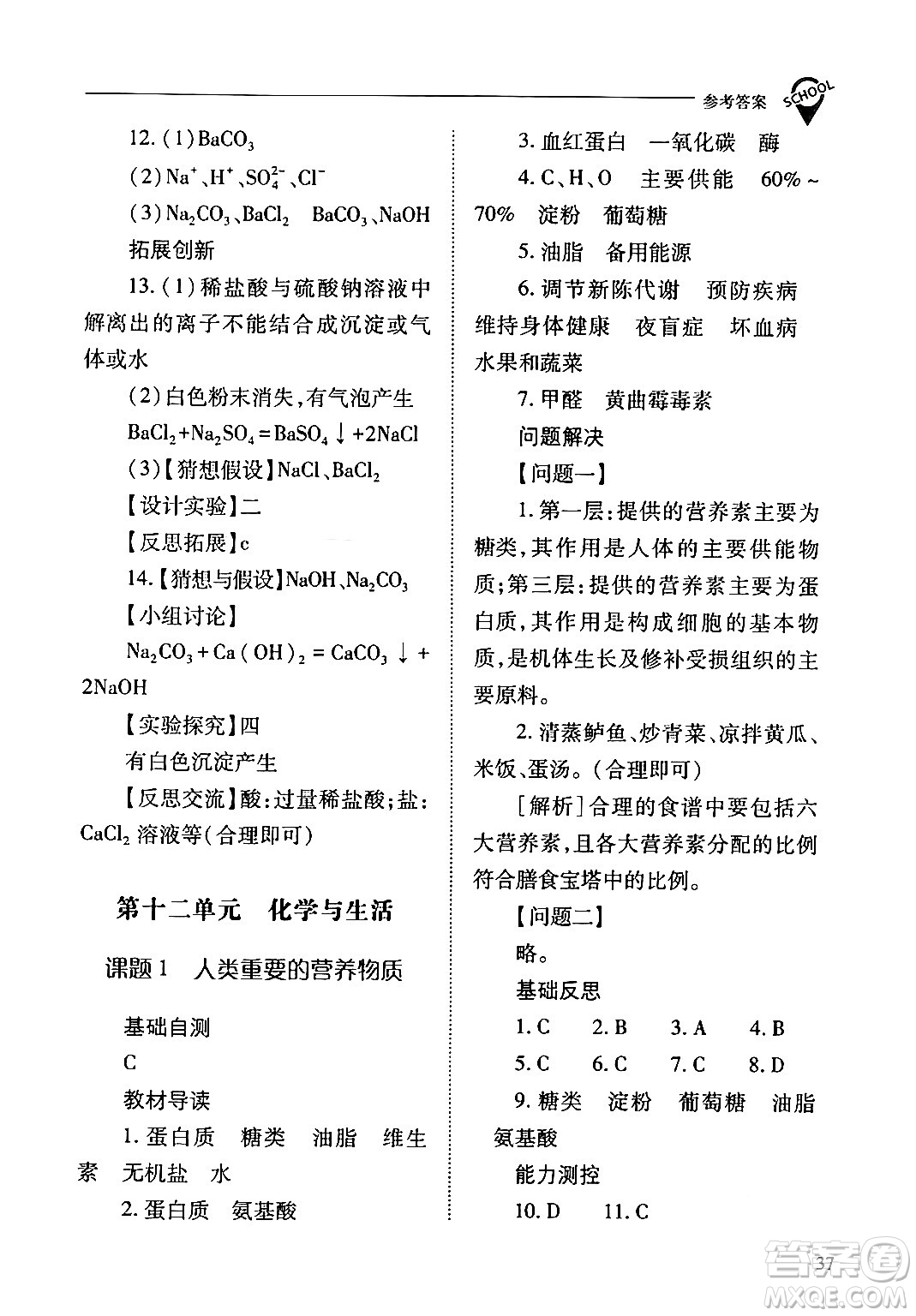 山西教育出版社2024年春新課程問題解決導學方案九年級化學下冊人教版答案