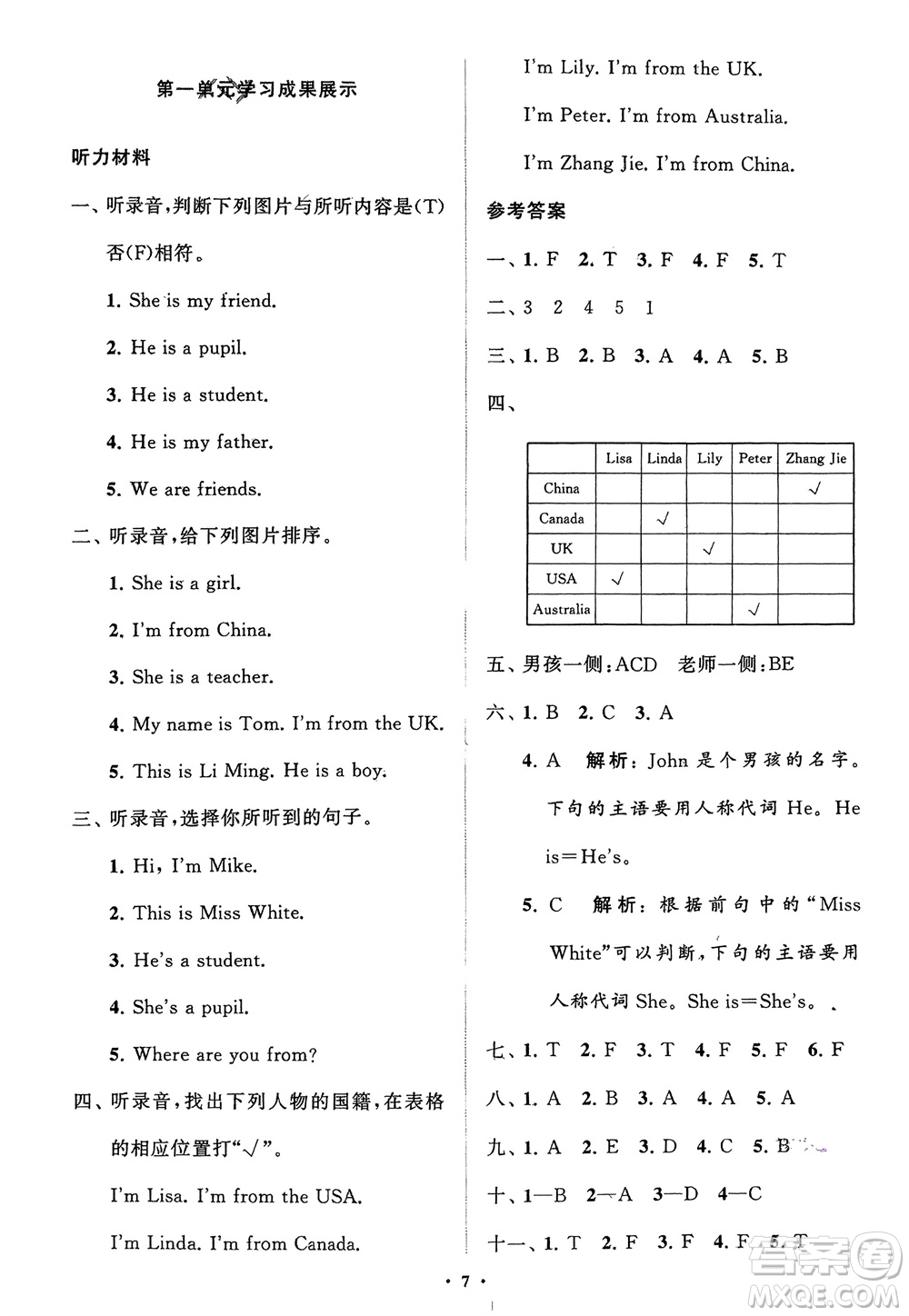 山東教育出版社2024年春小學同步練習冊分層指導三年級英語下冊人教版參考答案