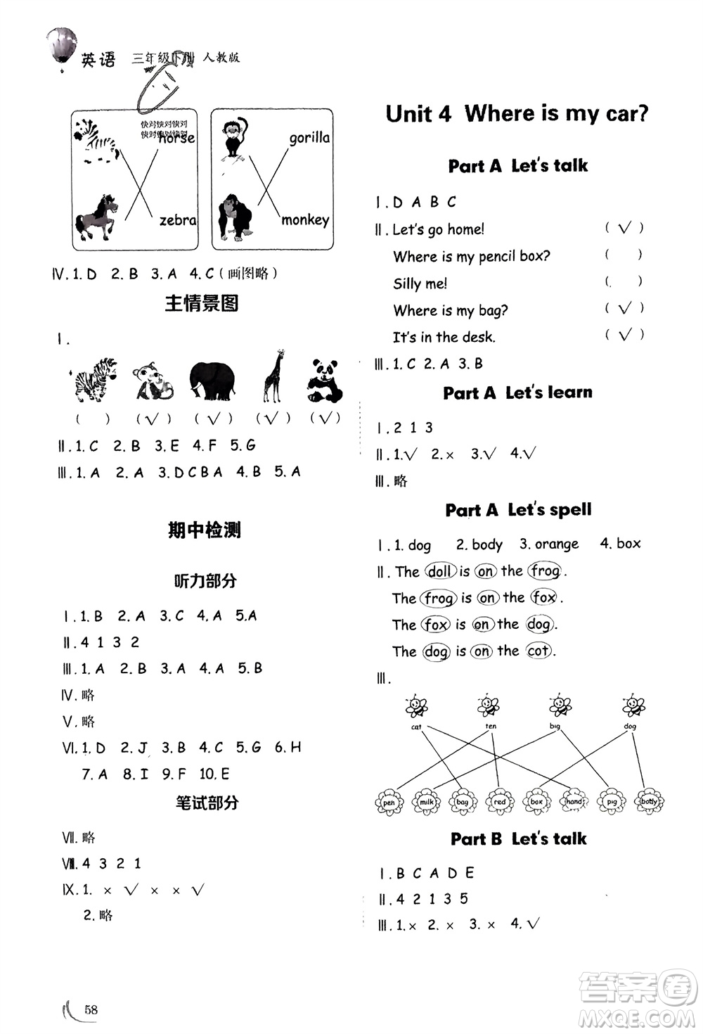 山東技術(shù)出版社2024年春小學(xué)同步練習(xí)冊(cè)三年級(jí)英語下冊(cè)人教版山東專版參考答案