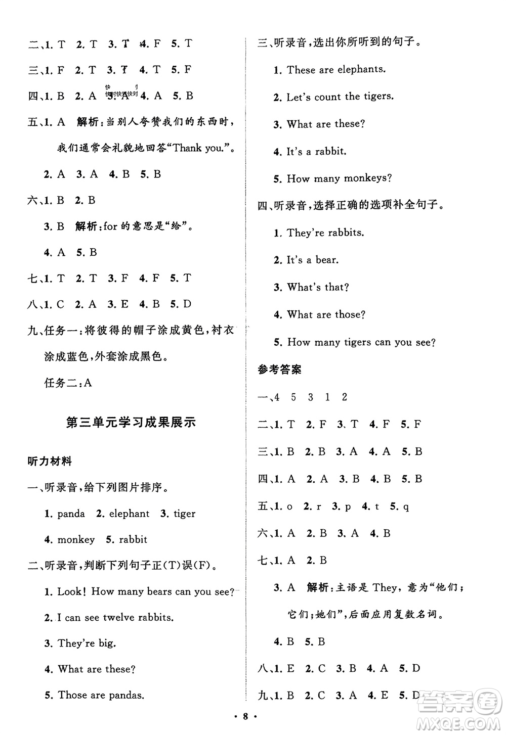 山東教育出版社2024年春小學(xué)同步練習(xí)冊分層指導(dǎo)三年級英語下冊五四制魯科版參考答案