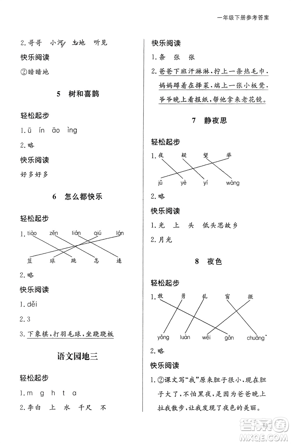 山東人民出版社2024年春小學(xué)同步練習(xí)冊(cè)一年級(jí)語文下冊(cè)六三制人教版參考答案