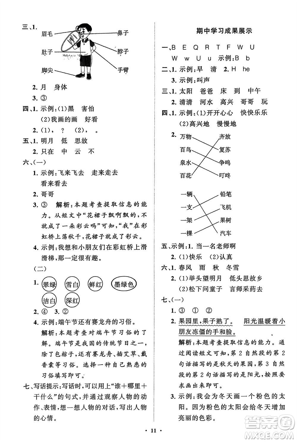 山東教育出版社2024年春小學(xué)同步練習(xí)冊(cè)分層指導(dǎo)一年級(jí)語文下冊(cè)五四制通用版參考答案