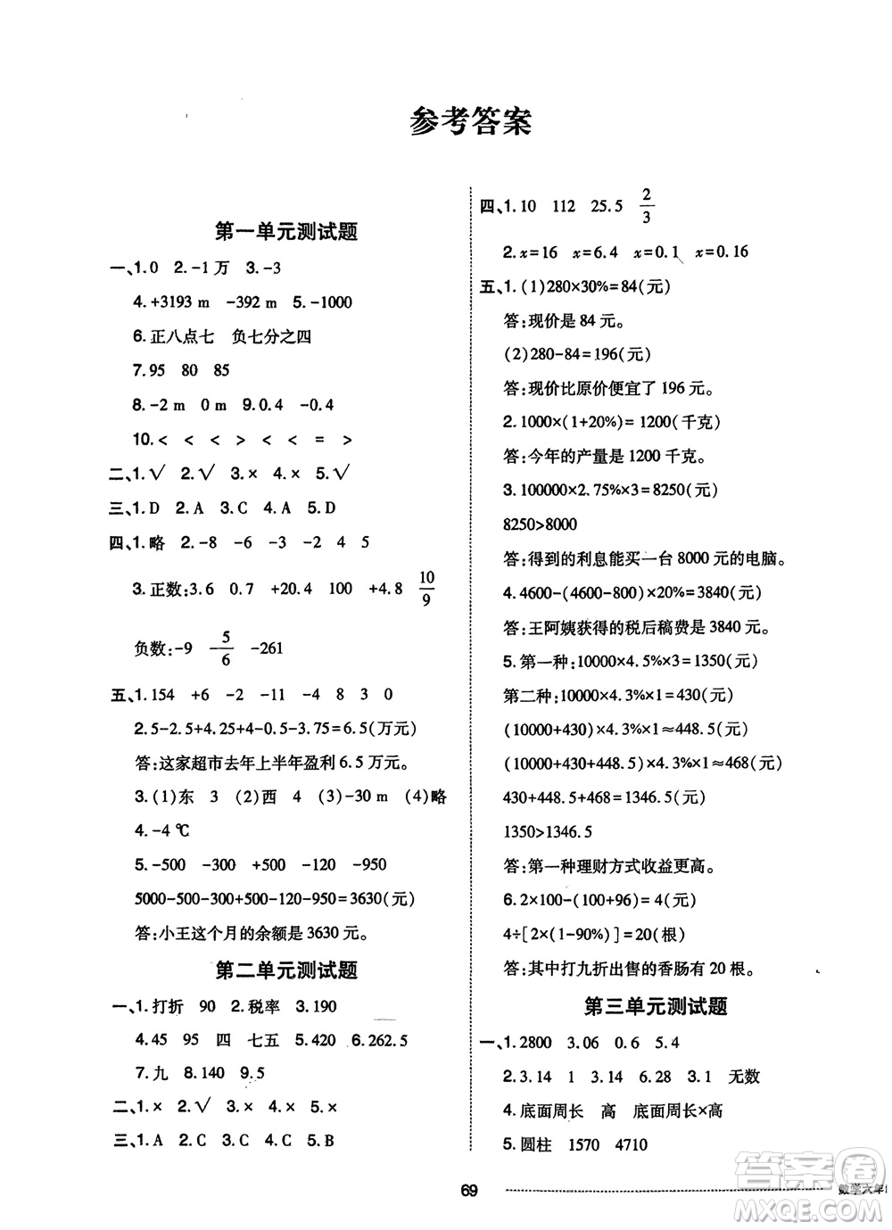 山東科學(xué)技術(shù)出版社2024年春同步練習(xí)冊配套單元自測卷六年級數(shù)學(xué)下冊通用版參考答案