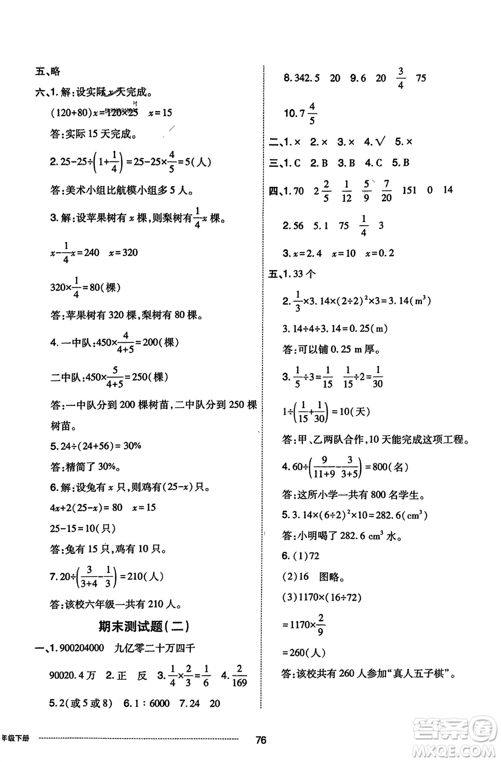 山東科學(xué)技術(shù)出版社2024年春同步練習(xí)冊配套單元自測卷六年級數(shù)學(xué)下冊通用版參考答案