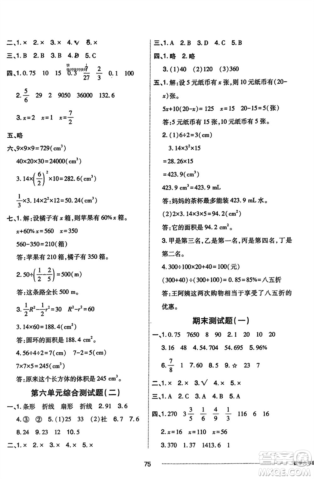 山東科學(xué)技術(shù)出版社2024年春同步練習(xí)冊配套單元自測卷六年級數(shù)學(xué)下冊通用版參考答案